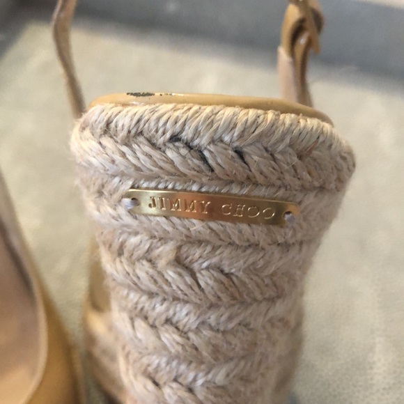 JIMMY CHOO Espadrilles Wedge Straw Nude Patent Leather Size 38, 1-4.5” Sm stain - Picture 8 of 10
